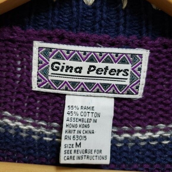 Gina Peters Sweater Women M Purple Gray Stripe Knit Cardigan Button Whipstitch - Picture 7 of 8